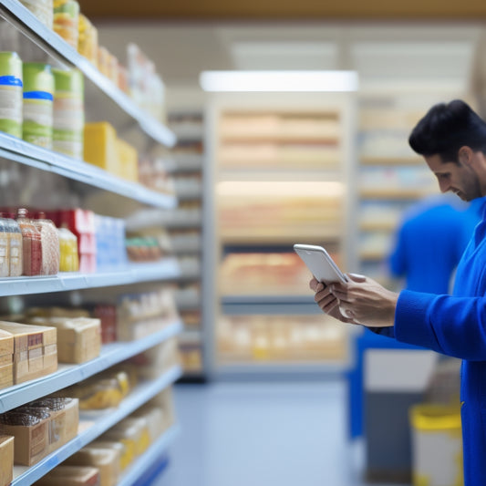 A minimalist illustration of a person holding a tablet with a checklist, standing in front of a blurred grocery store shelf with a few highlighted essential items and a clock in the background.