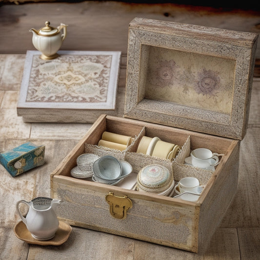 An ornate, distressed wooden tea chest with intricately patterned ceramic tiles, surrounded by vintage tea sets, lace doilies, and decoupage scraps, with a beautifully organized DIY organizer in the center.