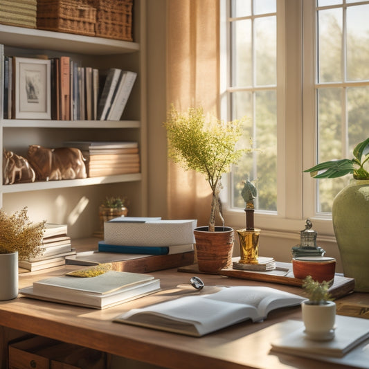 A serene, clutter-free home office with a tidy desk, organized bookshelves, and a few carefully placed decorative items, illuminated by warm, natural light pouring through a nearby window.