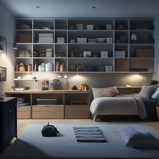 A cramped, dimly lit room with cluttered shelves, overflowing closets, and scattered belongings, contrasted with a sleek, minimalist space featuring clever storage solutions, such as Murphy beds and hidden compartments.