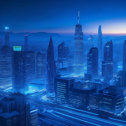 A futuristic, dark-blue-toned cityscape at dusk, with sleek skyscrapers and neon-lit data streams swirling around them, converging into a central, glowing hub, symbolizing data management power.
