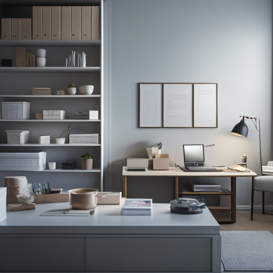 A serene, well-lit room with a minimalist aesthetic, featuring a tidy desk with a few, carefully arranged office supplies, a label-maker, and a few, neatly stacked storage bins.