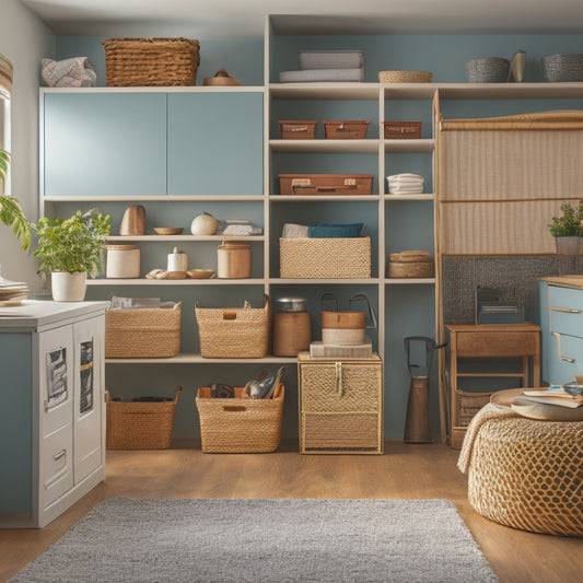 A tidy, clutter-free apartment with a mix of repurposed and multi-functional furniture pieces, baskets, and storage bins in a limited color palette, showcasing creative organization on a budget.