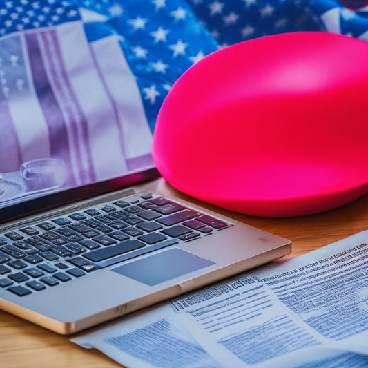 A magnifying glass hovers over a computer screen displaying a tax return form, surrounded by scattered papers and calculators, with a subtle American flag pattern in the background.