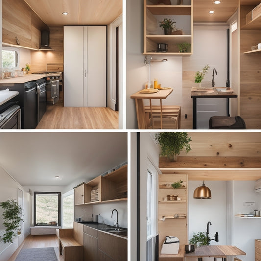 A minimalist, modern tiny home interior with a Murphy bed, a ladder leading to a loft, and a compact kitchen with a retractable dining table, showcasing clever storage solutions.