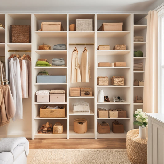 A serene and organized closet interior with a mix of floating shelves, ladder shelves, and cubbies in a soothing white and wood tone color scheme, showcasing various storage containers and accessories.