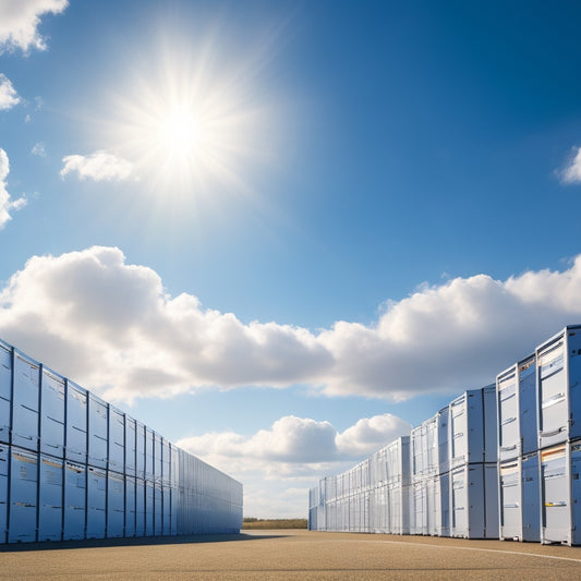 A futuristic, sleek storage facility with rows of shiny metal units, sliding glass doors, and a robotic arm efficiently moving crates in the background, set against a bright blue sky with fluffy white clouds.