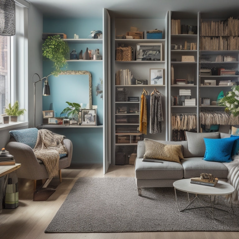 A cluttered small condo living room with a messy floor, overflowing bookshelves, and a tiny closet bursting with clothes, contrasted with a sleek, organized version of the same room featuring customized storage units.
