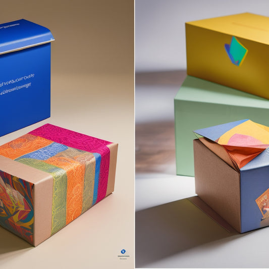 A split-screen image featuring a blank, unfolded cardboard box on the left and a vibrant, custom-printed box with colorful graphics and logos on the right, with a subtle 3D effect.