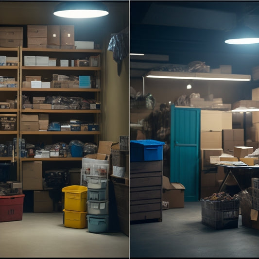 A split-screen image featuring a cluttered, dimly lit storage unit on the left and a well-organized, brightly lit unit on the right, with labeled bins and stacked boxes.