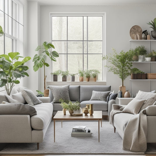 A serene, minimalist living room with a few, carefully curated decorative pieces, a sleek sofa, and a large window with natural light pouring in, surrounded by neatly organized shelves and a few potted plants.