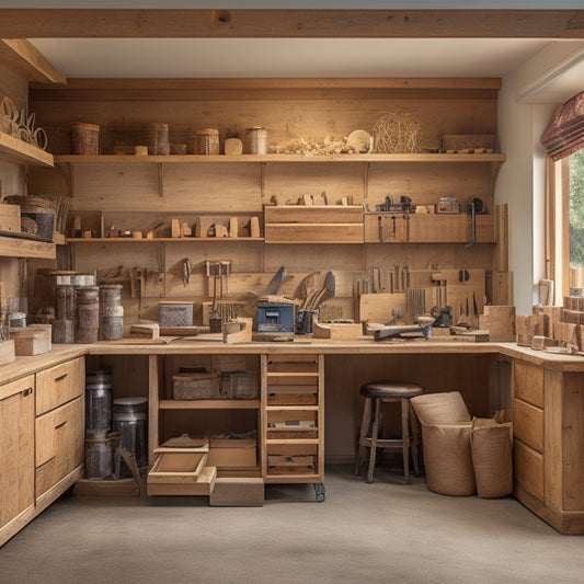 A clutter-free woodworking workshop with rows of neatly organized wooden cabinets, open shelving units, and wall-mounted tool holders, surrounded by scattered wood shavings and a few half-finished wooden projects.