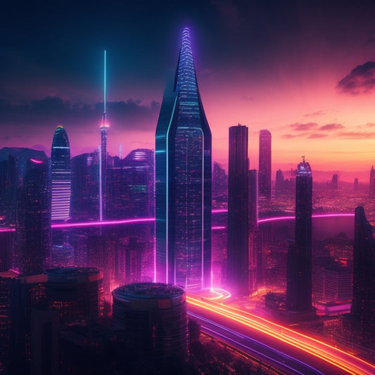 A futuristic, neon-lit cityscape at dusk with sleek skyscrapers and holographic advertisements, featuring a giant, glowing shockwave symbol radiating energy pulses into the atmosphere.