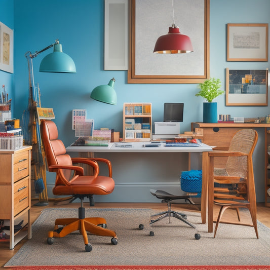 A clutter-free workspace with a sleek, ergonomic chair featuring a vibrant, multi-pocketed organizer attached to its back, surrounded by scattered craft supplies and half-finished projects.