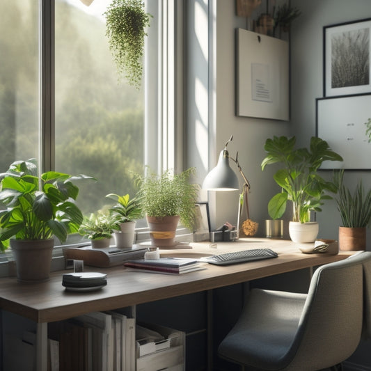 A serene and organized home office with a tidy desk, a labeled file cabinet, and a few well-placed plants, illuminated by soft natural light streaming through a nearby window.