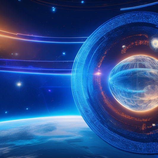 A futuristic, high-tech background with a prominent, gleaming Microsoft logo at its center, surrounded by orbiting, glowing exam icons and swirling, curved lines resembling digital circuits.