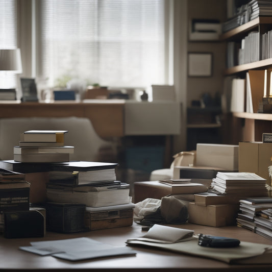 A cluttered living room with stacks of papers, dusty boxes, and tangled cords, contrasted with a minimalist tablet screen displaying organized digital files and folders.