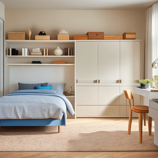 A minimalist bedroom with a Murphy bed, a storage ottoman at the foot, a floating nightstand with drawers, and a floor-to-ceiling shelving unit with woven baskets and decorative bins.