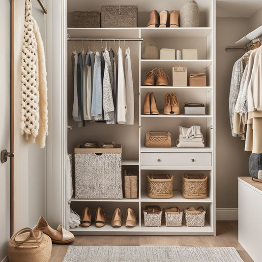 An organized closet with a mix of open shelving, hanging rods, and drawers in a calming white and wood tone color scheme, featuring decorative baskets and a few stylish shoes on display.