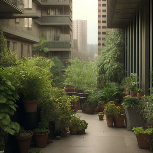 A cluttered, narrow balcony with overgrown plants, rusty outdoor furniture, and scattered debris, surrounded by tall buildings, with a faint glimpse of a cityscape in the background.