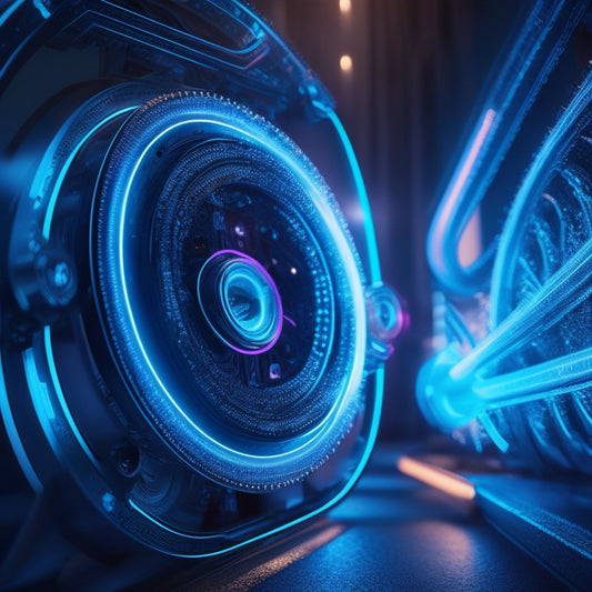 An abstract illustration featuring a seamless, curved pipeline with glowing blue lines, connecting a downloading arrow to a series of interconnected gears, culminating in a shiny, upgraded software icon.