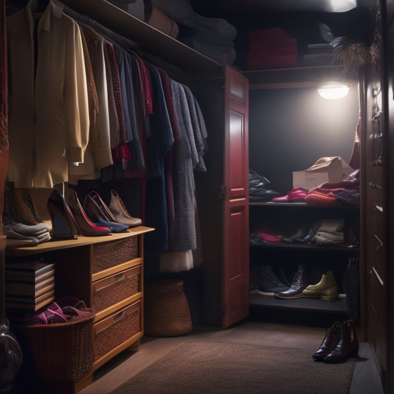 A dimly lit closet with cluttered shelves, tangled clothes, and scattered shoes, with a faint outline of a organized closet in the background, illuminated by a small ray of light.