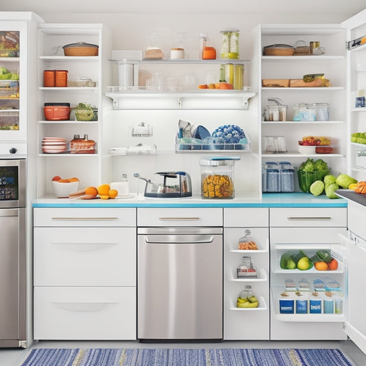 A bright, modern kitchen with a freshly organized fridge, featuring a crisp white interior, neatly labeled containers, and a color-coded system for easy meal planning and storage.