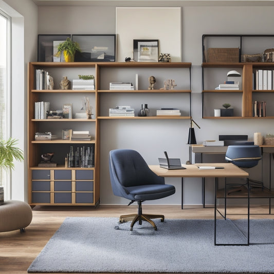 A modern home office with a sleek, wall-mounted shelving unit featuring compartments of varying sizes, a built-in desk with a pull-out keyboard tray, and a ergonomic chair with a matching ottoman.
