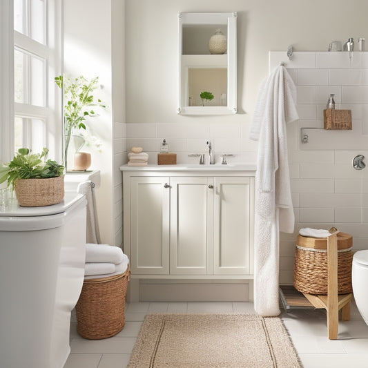 A serene, creamy-white bathroom with a wall-mounted cabinet, a pedestal sink with a slide-out drawer, and a woven basket on a chrome shelf above the toilet, surrounded by soft, natural light.