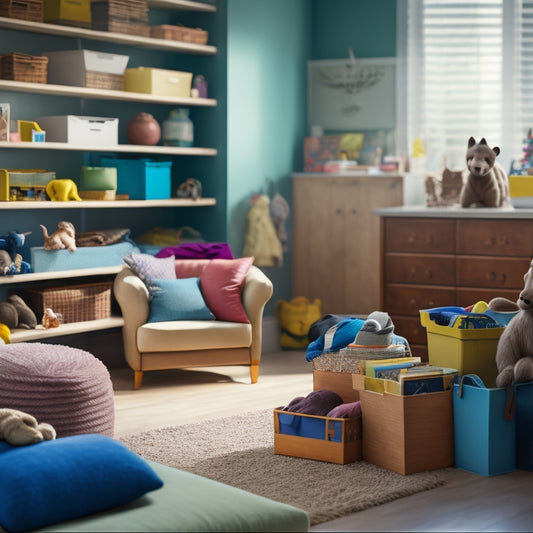 A cluttered living room with scattered toys, books, and clothes, transformed into a serene and organized space with labeled storage bins, a tidy bookshelf, and a peaceful background color scheme.