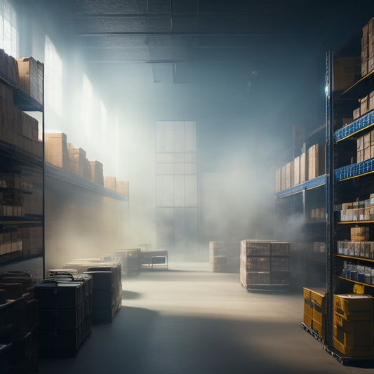 A dimly lit warehouse interior with rows of tall, industrial shelving units, some with warning signs, amidst a subtle haze of smoke, with fire extinguishers and emergency exit signs prominent in the background.