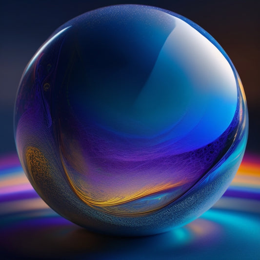 An abstract composition featuring a stylized, glowing orb surrounded by swirling, iridescent brushstrokes, with subtle, gradient textures and faint, grid-like patterns in the background.