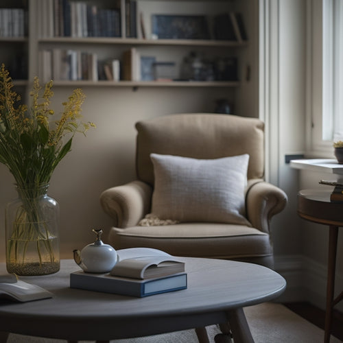 A serene, well-lit room with a few, carefully curated possessions, including a comfortable armchair, a small table with a vase of fresh flowers, and a minimalist bookshelf with a few favorite novels.