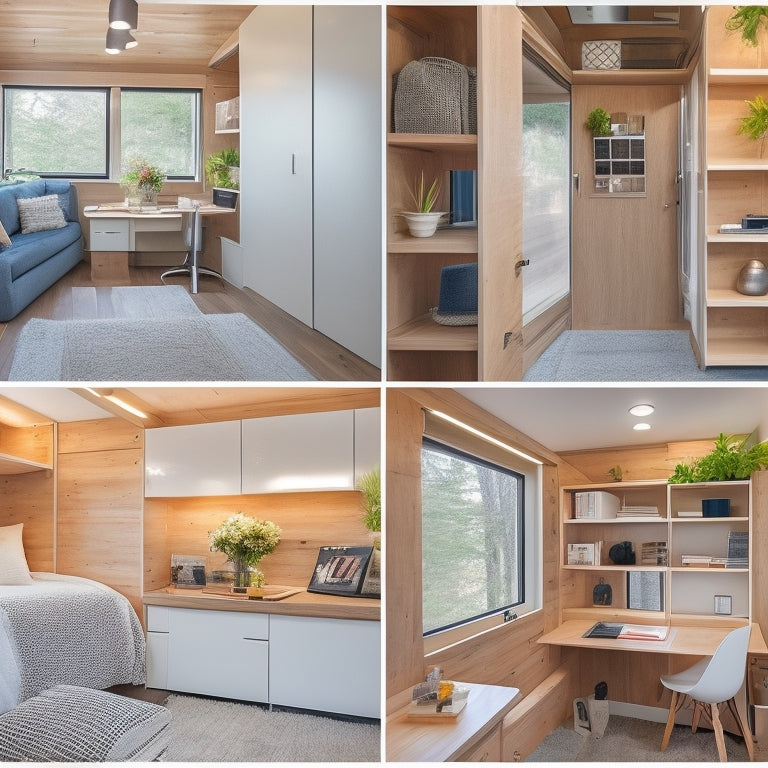 A cozy, modern tiny house interior with a Murphy bed, foldable desk, and compact shelving units, showcasing multi-functional storage solutions and efficient use of space.