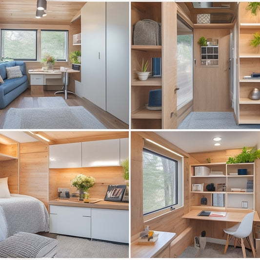 A cozy, modern tiny house interior with a Murphy bed, foldable desk, and compact shelving units, showcasing multi-functional storage solutions and efficient use of space.