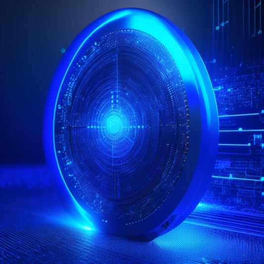 A shield with a subtle circuit board pattern, surrounded by a ring of glowing blue data streams, protecting a golden hard drive at its center, set against a dark, gradient blue background.