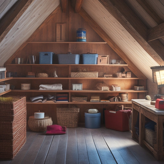 A brightly lit, well-organized attic space with labeled storage bins, a shelving system, and a few neatly hung items, surrounded by a subtle background of wooden beams and insulation.