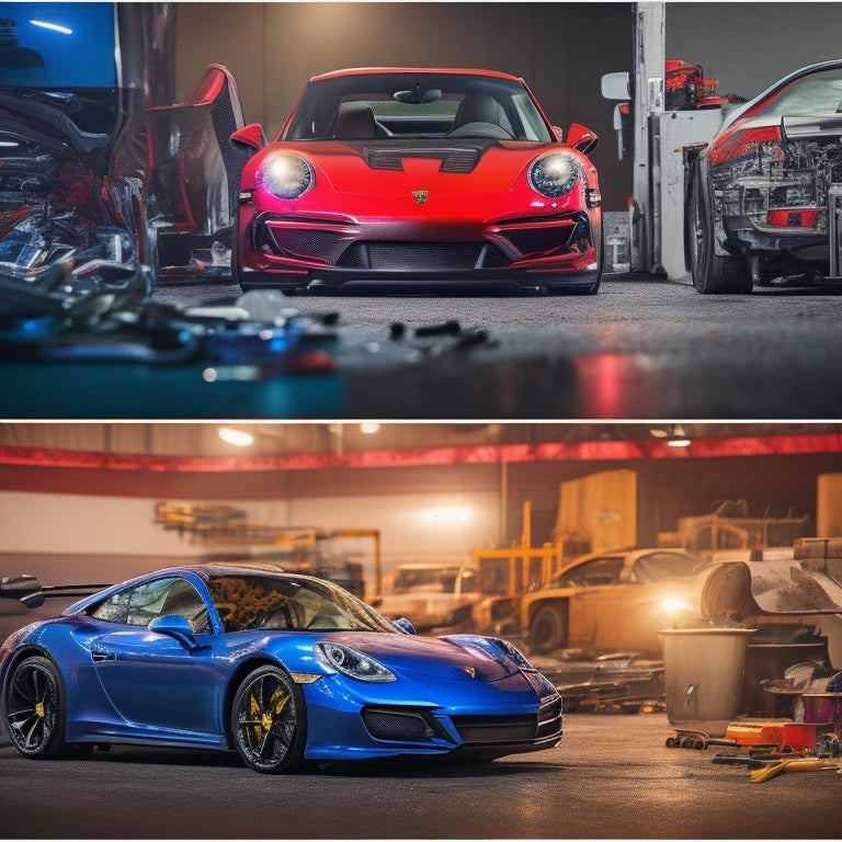 A split-screen image featuring a Porsche 911, Mitsubishi Eclipse, and Acura NSX, each with their hood up, revealing intricate engine components, surrounded by scattered tools and repair manuals.