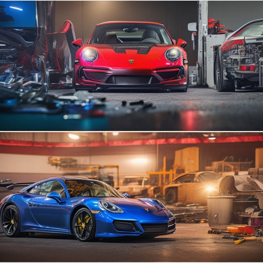 A split-screen image featuring a Porsche 911, Mitsubishi Eclipse, and Acura NSX, each with their hood up, revealing intricate engine components, surrounded by scattered tools and repair manuals.