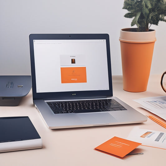 A minimalist illustration featuring a laptop with a UTSA PrintSpot login screen, surrounded by scattered papers and pens, with a printer and a few printing-related icons in the background.