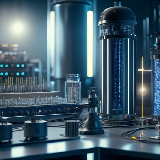 A futuristic laboratory scene with sleek, silver cylindrical energy storage units lined up on a polished metal table, surrounded by tangled wires, circuit boards, and futuristic machinery.