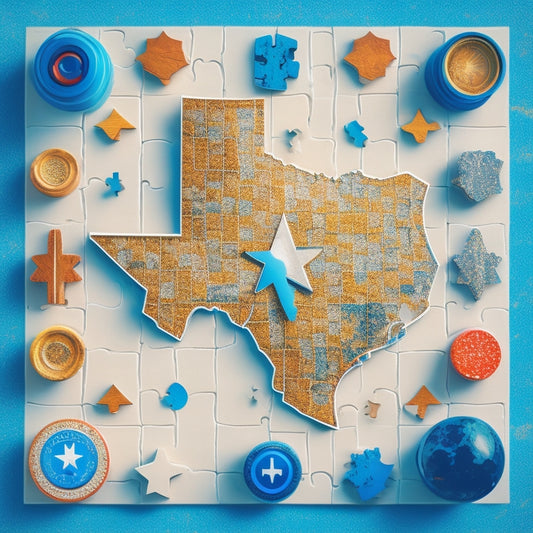 An illustration featuring a Texas state shape composed of puzzle pieces, with each piece bearing a different accessibility symbol (e.g., wheelchair, braille, sign language), surrounded by a subtle grid of lines and circles.
