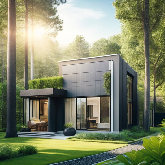 A sleek, modern home with a large, vertical Powerwall installed on the exterior wall, surrounded by lush greenery, with solar panels on the roof and a bright, sunny background.