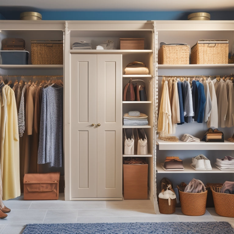 A serene, well-lit closet interior with three distinct sections, each showcasing a different organization system: shelves with stacked bins, a double rod with velvet hangers, and a carousel with hanging organizers.