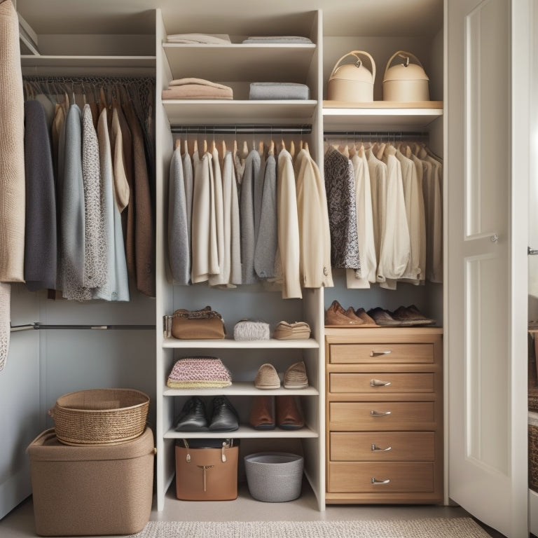 A serene, organized closet interior with neatly arranged clothes, shoes, and accessories on shelves and in drawers, illuminated by soft, warm natural light filtering through a window.
