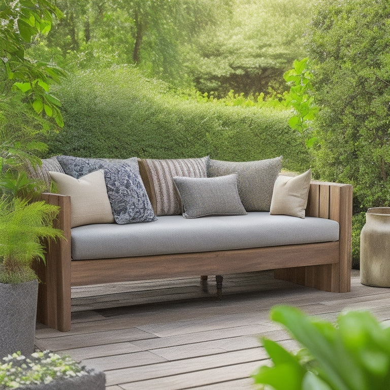 A serene backyard with a custom-built wooden bench featuring hidden storage compartments, surrounded by lush greenery and a few scattered outdoor throw pillows, with a blurred-out cityscape in the background.