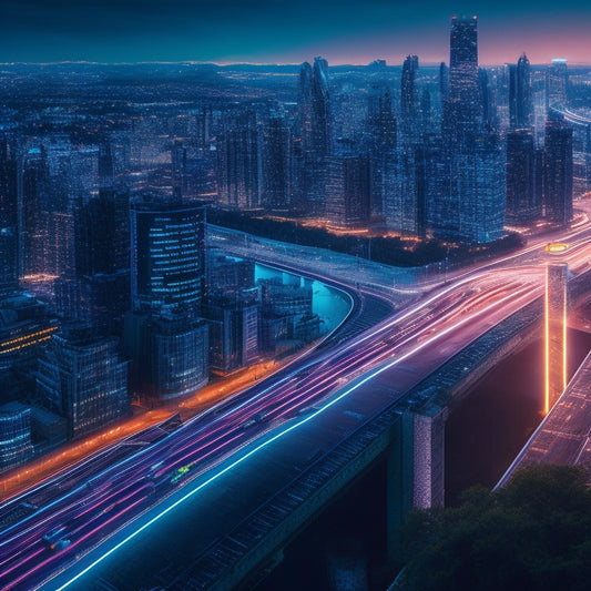 A futuristic, neon-lit cityscape at dusk, with sleek skyscrapers and winding roads, overlaid with circuit board patterns and binary code, featuring a glowing, shattered lock icon.