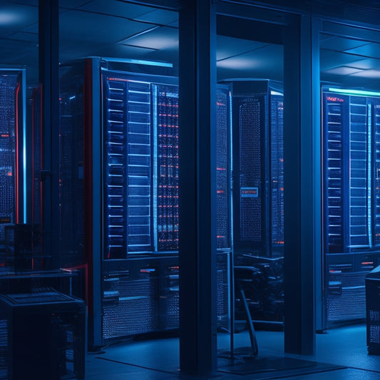 A futuristic, dark blue-lit server room with rows of humming computers, one screen displaying a red "Access Denied" message, surrounded by tangled wires and a few scattered warning triangles.