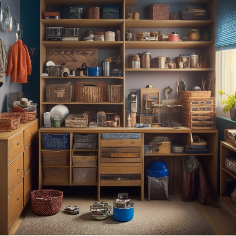 A cluttered room with scattered items and a single, sleek, multi-functional storage container in the center, with open shelves and drawers, surrounded by organized objects.