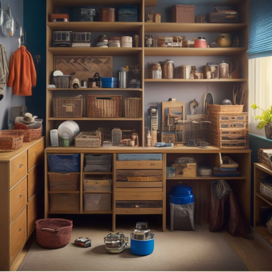 A cluttered room with scattered items and a single, sleek, multi-functional storage container in the center, with open shelves and drawers, surrounded by organized objects.